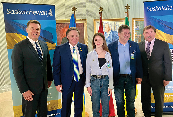 The provincial government announced Thursday that Ukrainian students will now pay domestic rather than foreign tuition fees. Above are five people instrumental in making that happen. From left are Moosomin MLA Steven Bonk, Advanced Education Minister Gord Wyant, Wawota Grade 12 graduate Viktoriia Knyhnytska, Wawota Mayor Kevin Kay, and Cannington MLA Daryl Harrison.<br />